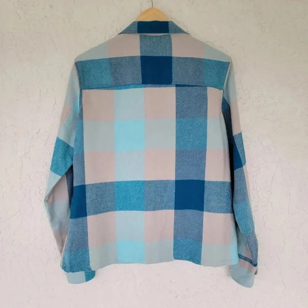 Cabelas Plaid Flannel Shacket Turquoise Gray Women Size L Button Down Cotton